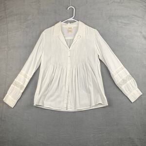 Sundance White Cotton Button Down Boho Blouse Top Pintuck Lace Detail Sleeve S